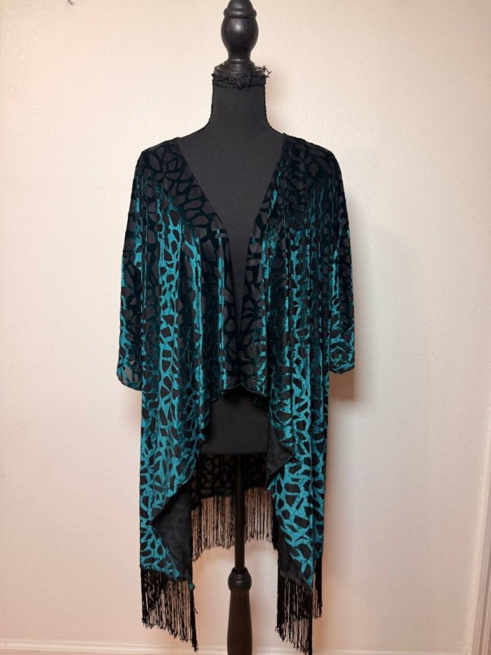 LulaRoe Teal Black Burnout Velvet Fringe Kimono Boho Festival Duster Large
